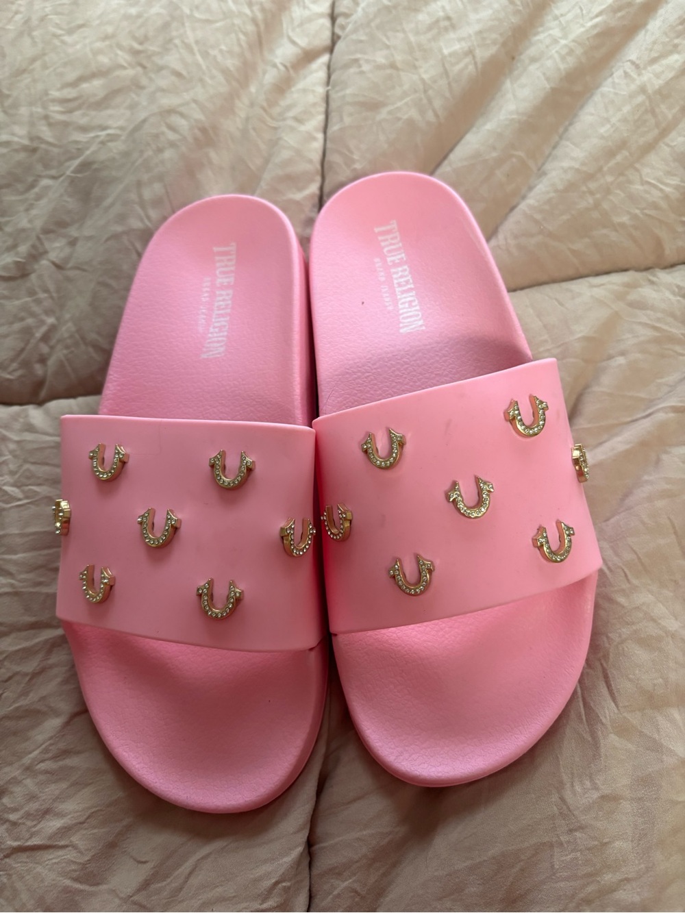 True Religion Pink Slide Sandals with Gold Horseshoe Studs